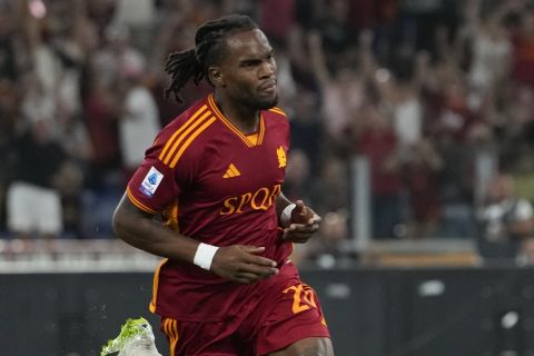 Roma's Renato Sanches celebrates after scoring his side's second goal during a Serie A soccer match between Roma and Empoli, at Rome's Olympic stadium, Sunday, Sept. 17, 2023. (AP Photo/Alessandra Tarantino)