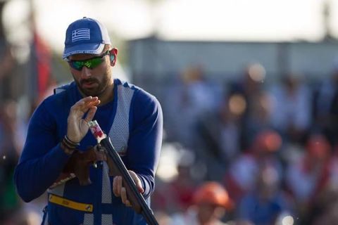 LONATO - MAY 7: 4th placed Efthimios MITAS of Greece competes in the Skeet Men Finals at the Trap Concaverde Shooting Range during Day 5 of the ISSF World Cup Shotgun on MAY 7, 2012 in Lonato, Italy. (Photo by Wolfgang Schreiber)