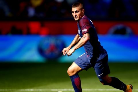 Paris Saint-Germain's Marco Verratti runs with the ball during the French soccer league opening match between Paris Saint-Germain and Amiens at the Parc des Princes stadium in Paris, Saturday, Aug. 5, 2017. (AP Photo/Francois Mori)