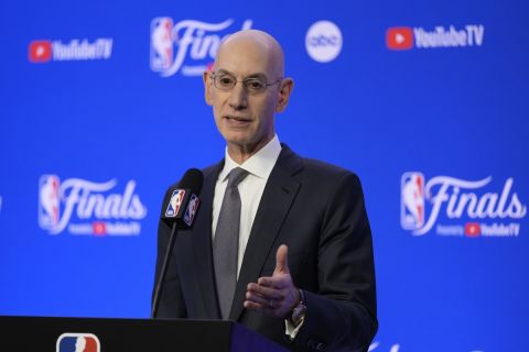 NBA Commissioner Adam Silver talks to reporters before Game 1 of basketball's NBA Finals between the Boston Celtics and the Dallas Mavericks, Thursday, June 6, 2024, in Boston. (AP Photo/Charles Krupa)