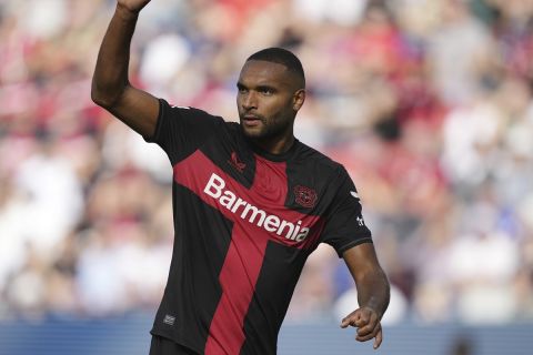 Leverkusen's Jonathan Tah is playing during the German Bundesliga soccer match between Bayer Leverkusen and FC Heidenheim in Leverkusen, Germany, Sunday, Sept. 24, 2023. (AP Photo/Martin Meissner)