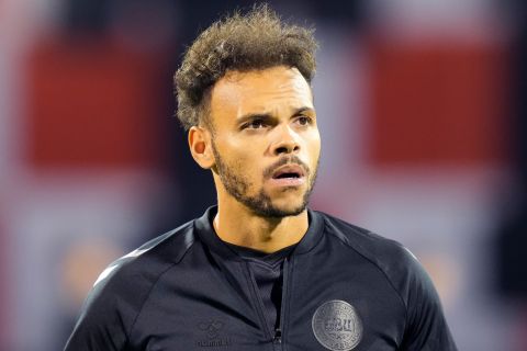 Denmark's Martin Braithwaite lines up ahead of the UEFA Nations League soccer match between Croatia and Denmark at the Maksimir stadium in Zagreb, Croatia, Thursday, Sept. 22, 2022. (AP Photo/Darko Bandic)