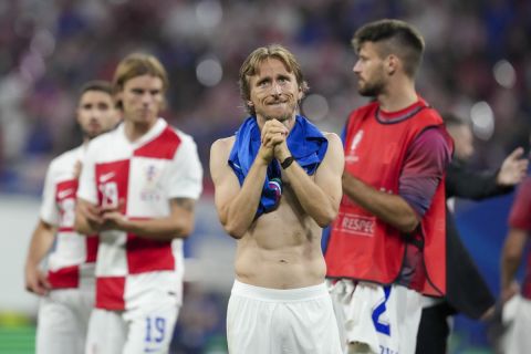 Croatia's Luka Modric reacts at the end of Group B match between Croatia and Italy at the Euro 2024 soccer tournament in Leipzig, Germany, Monday, June 24, 2024. (AP Photo/Sunday Alamba)