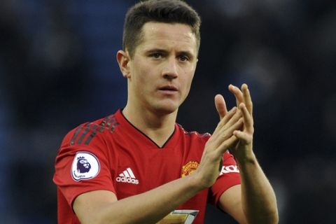 Manchester United's Ander Herrera during the English Premier League soccer match between Leicester City and Manchester United at the King Power Stadium in Leicester, England, Sunday, Feb 3, 2019. (AP Photo/Rui Vieira)