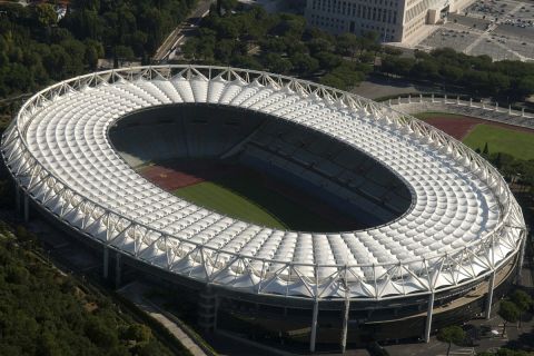 FILE - A view of Rome's Olympic Stadium on Aug. 14, 2004. The Italian athletics federation announced Wednesday, Feb. 28, 2024, that it has withdrawn its candidacy to host the 2027 world championships in Rome. The move comes after the Italian government refused to guarantee the 85 million euros ($92 million) needed to host the meet at the Stadio Olimpico. (AP Photo/Plinio Lepri, File)