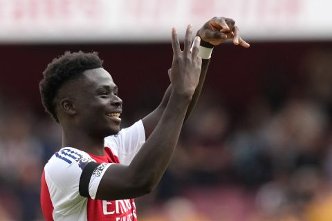 Arsenal's Bukayo Saka reacts during the English Premier League soccer match between Arsenal and Wolverhampton Wanderers at Emirates Stadium in London, England, Saturday, Aug. 17, 2024. (AP Photo/Frank Augstein)