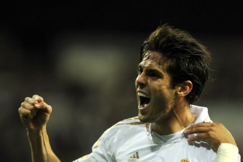 Real Madrid's Brazilian midfielder Kaka celebrates scoring during the Spanish League football match Real Madrid against Villarreal at the Santiago Bernabeu Stadium in Madrid on October 26, 2011. AFP PHOTO/ PEDRO ARMESTRE (Photo credit should read PEDRO ARMESTRE/AFP/Getty Images)