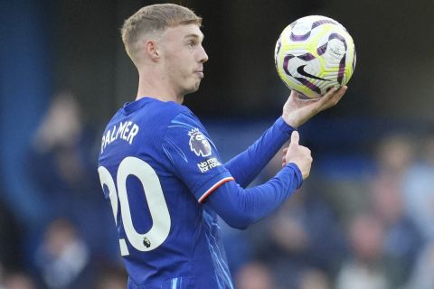 Chelsea's Cole Palmer leaves at the end of a British Premier League soccer match between Chelsea and Brighton at Stamford Bridge, London, Saturday, Sept. 28, 2024. (AP Photo/Kin Cheung)