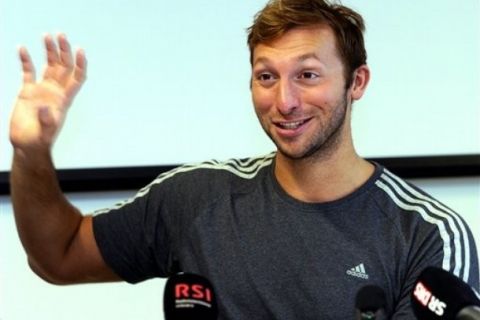 Australian swimmer Ian Thorpe gestures as he speaks at a press conference at the "youth and sports"-center in Tenero, Switzerland, Wednesday, March 16, 2011. Thorpe is preparing for the upcoming Olympic games in 2012. (AP Photo/Keystone, Karl Mathis)