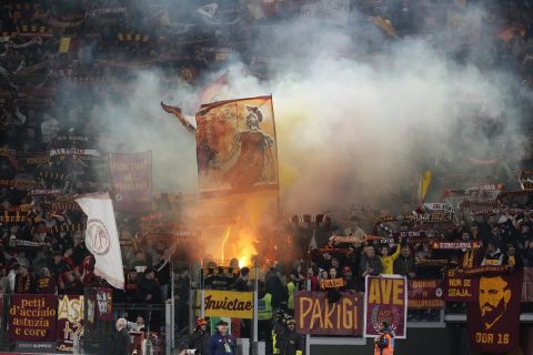 Roma's fans support their team during the Serie A soccer match between Roma and Juventus, at Rome's Olympic Stadium, Sunday, May 5, 2024. (AP Photo/Andrew Medichini)