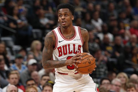 Chicago Bulls guard Antonio Blakeney (9) in the second half of an NBA basketball game Thursday, Jan. 17, 2019, in Denver. The Nuggets won 135-105. (AP Photo/David Zalubowski)