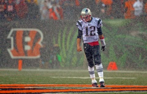 (Cincinnati,  OH,  10/06/13) New England Patriots quarterback Tom Brady reacts after throwing an incomplete pass in the 4th quarter as  the New England Patriots face off against the Cincinnati Bengals at Paul Brown Arena in Cincinnati on  Sunday,  October 6,  2013.  Staff Photo by Nancy Lane 