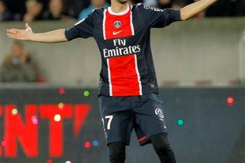 Paris Saint-Germain's Javier Pastore of Argentina reacts during their French League One soccer match against Auxerre, at the Parc des Princes Stadium, Paris, France, Sunday, Dec. 4, 2011. (AP Photo/Jacques Brinon)