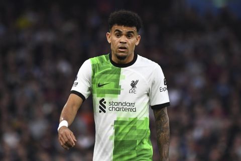 Liverpool's Luis Diaz during the English Premier League soccer match between Aston Villa and Liverpool at Villa Park in Birmingham, England, Monday, May 13, 2024. (AP Photo/Rui Vieira)