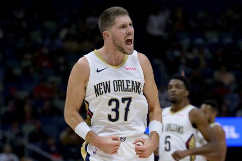 New Orleans Pelicans forward Matt Ryan reacts after making a 3-point basket against the Detroit Pistons during the first half of an NBA basketball game in New Orleans, Thursday, Nov. 2, 2023. (AP Photo/Matthew Hinton)