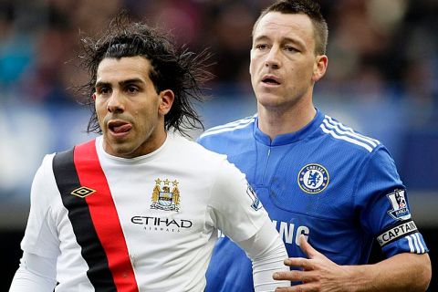 Chelsea's John Terry (L) and Carlos Tevez of Manchester City during the Premiership game between Chelsea FC and Manchester City in Stamford Bridge Stadium in west London, Britain, 27 February 2010. ManCity won 4-2. EPA/FELIPE TRUEBA NO ONLINE/INTERNET USE WITHOUT A LICENSE FROM THE FOOTBALL DATA CO.LTD.null