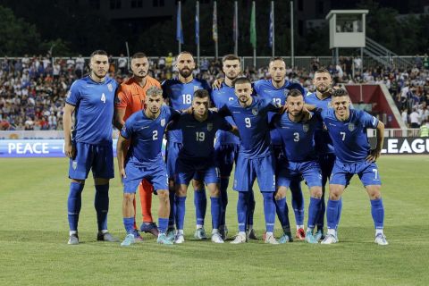 Kosovo national team posses for a team photo prior to the UEFA Nations League soccer match between Kosovo and Greece at Fadil Vokrri stadium in Pristina, Kosovo, Sunday, June 5, 2022. (AP Photo/Visar Kryeziu)
