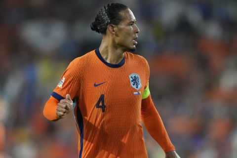 Virgil van Dijk of the Netherlands reacts during the Group C UEFA Nations League soccer match between Netherlands and Bosnia-Herzegovina at the Philips Stadium in Eindhoven, Netherlands, Saturday, Sept. 7, 2024. (AP Photo/Peter Dejong)