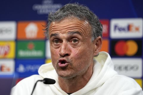 PSG's head coach Luis Enrique talk to the media at a press conference prior the Champions League semifinal first leg soccer match between Borussia Dortmund and Paris Saint-Germain at the Signal-Iduna Park in Dortmund, Germany, Tuesday, April 30, 2024. (AP Photo/Martin Meissner)