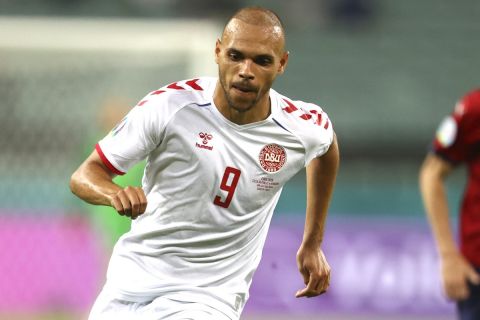 Denmark's Martin Braithwaite in action during the Euro 2020 soccer championship quarterfinal match between Czech Republic and Denmark at the Baku Olympic Stadium in Baku, Azerbaijan, Saturday, July 3, 2021. (Naomi Baker/Pool Photo via AP)