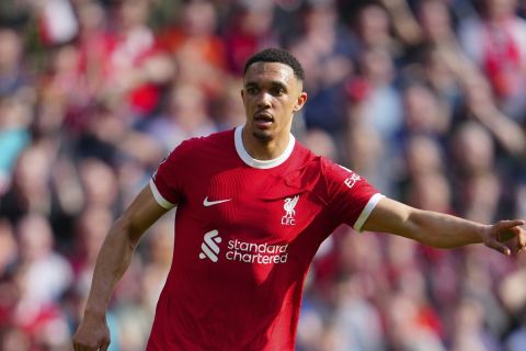 Liverpool's Trent Alexander-Arnold during the English Premier League soccer match between Liverpool and Tottenham Hotspur at Anfield Stadium in Liverpool, England, Sunday, May 5, 2024. (AP Photo/Jon Super)