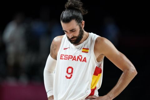 Spain's Ricky Rubio walks on the court at the end of a men's basketball preliminary round game against Slovenia at the 2020 Summer Olympics, Sunday, Aug. 1, 2021, in Saitama, Japan. (AP Photo/Charlie Neibergall)