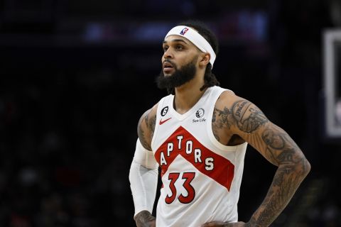 Toronto Raptors guard Gary Trent Jr. (33) looks on during the second half of an NBA basketball game against the Washington Wizards, Saturday, March. 4, 2023, in Washington. (AP Photo/Terrance Williams)