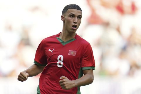 Morocco's Bilal El Khannouss participates during a men's Group B soccer match between Morocco and Iraq at Nice Stadium at the 2024 Summer Olympics, Tuesday, July 30, 2024, in Nice, France. (AP Photo/Julio Cortez)