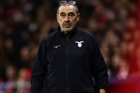 Lazio's head coach Maurizio Sarri watches the play during a Group E Champions League soccer match between Atletico Madrid and Lazio at the Metropolitano stadium in Madrid, Spain, Wednesday, Dec. 13, 2023. (AP Photo/Pablo Garcia)