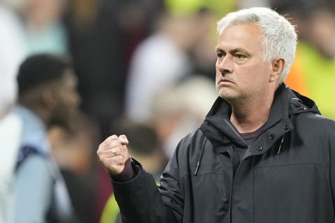 Roma's head coach Jose Mourinho celebrates after the Europa League semifinal second leg soccer match between Bayer Leverkusen and Roma at the BayArena in Leverkusen, Germany, Thursday, May 18, 2023.(AP Photo/Martin Meissner)