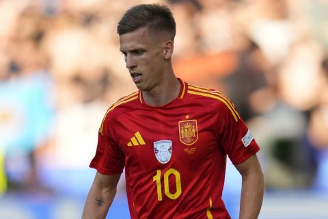 Spain's Dani Olmo controls the ball during a Group B match between Spain and Croatia at the Euro 2024 soccer tournament in Berlin, Germany, Saturday, June 15, 2024. Spain won 3-0. (AP Photo/Manu Fernandez)