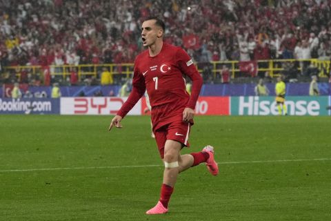 Turkey's Kerem Akturkoglu celebrates after scoring his side's third goal during a Group F match between Turkey and Georgia at the Euro 2024 soccer tournament in Dortmund, Germany, Tuesday, June 18, 2024. (AP Photo/Alessandra Tarantino)