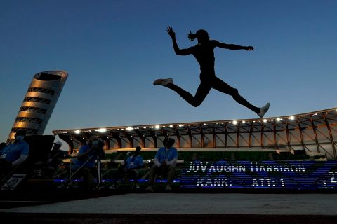 FILE - In this June 27, 2021, file photo, JuVaughn Harrison competes during the finals of the men's long jump at the U.S. Olympic Track and Field Trials in Eugene, Ore. Harrison will compete at the Tokyo Games in the long jump and the high jump. Not since the days of Jim Thorpe in 1912 has an American man made the team in those two events at one Olympics. (AP Photo/Charlie Riedel, File)