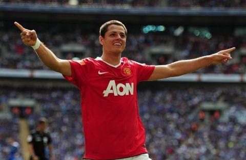 LONDON, ENGLAND - AUGUST 08:  Javier Hernandez of Manchester United celebrates as he scores their second goal during the FA Community Shield match between Chelsea and Manchester United at Wembley Stadium on August 8, 2010 in London, England.  (Photo by Laurence Griffiths/Getty Images)