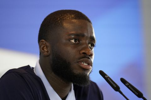 France's Dayot Upamecano speaks during a press conference in Paderborn, Germany, Thursday, June 27, 2024, ahead of their round of 16 soccer match against Belgium at the Euro 2024 soccer tournament. (AP Photo/Hassan Ammar)