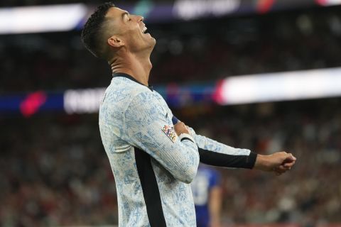 Portugal's Cristiano Ronaldo reacts during the UEFA Nations League soccer match between Portugal and Croatia at the Luz stadium in Lisbon, Thursday, Sept. 5, 2024. (AP Photo/Armando Franca)