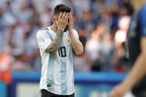 Argentina's Lionel Messi reacts during the round of 16 match between France and Argentina, at the 2018 soccer World Cup at the Kazan Arena in Kazan, Russia, Thursday, June 28, 2018. (AP Photo/Ricardo Mazalan)