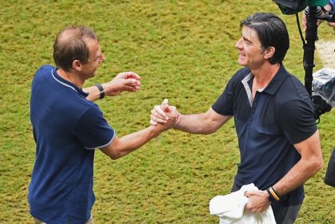 RECIFE, BRAZIL - JUNE 26: Head coaches Jurgen Klinsmann of the United States (L) and Joachim Loew of Germany shake hands after Germany's 1-0 win during the 2014 FIFA World Cup Brazil group G match between the United States and Germany at Arena Pernambuco on June 26, 2014 in Recife, Brazil.  (Photo by Laurence Griffiths/Getty Images)