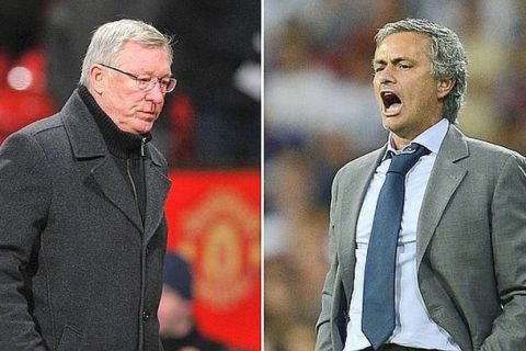 A combination of two files picture shows Manchester United manager Alex Ferguson (L) during the FA Cup third round replay football match Manchester United vs West Ham United at Old Trafford in Manchester, on January 16, 2012 and Real Madrid's Portuguese coach Jose Mourinho reacting during the UEFA Champions League football match Real Madrid vs Manchester City at the Santiago Bernabeu stadium in Madrid on September 18, 2012. Manchester United will resume their historic rivalry with Real Madrid on February 13, 2013 with Jose Mourinho talking up the eagerly-awaited Champions League clash as the game "the whole world is waiting for."      AFP PHOTO/ PAUL ELLIS/ PIERRE-PHILIPPE MARCOU
