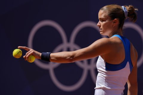 Maria Sakkari of Greece prepares to serve against Danka Kovinic of Montenegro during the women's singles tennis competition, at the 2024 Summer Olympics, Sunday, July 28, 2024, in Paris, France. (AP Photo/Andy Wong)