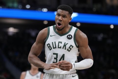 Milwaukee Bucks' Giannis Antetokounmpo reacts during the second half of an NBA basketball game against the Utah Jazz Thursday, Nov. 7, 2024, in Milwaukee. (AP Photo/Morry Gash)