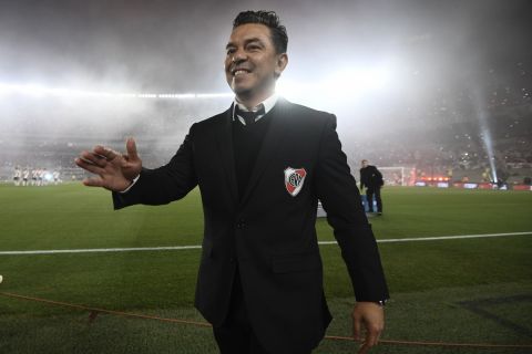 Coach Marcelo Gallardo of River Plate takes to the pitch prior a local league soccer match against Rosario Central in Bueno Aires, Argentina, Sunday, Oct. 16, 2022. This is Gallardo's last home match as the team's head coach, following his announcement that he is leaving River Plate at the end of the 2022 soccer season, after 8 and a half years and winning 14 official titles.(AP Photo/Gustavo Garello)