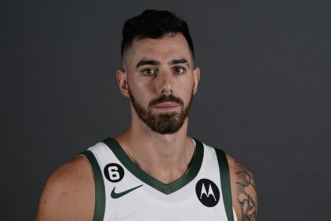 Milwaukee Bucks' Luca Vildoza poses for a photograph at the NBA basketball team's media day Sunday, Sept. 25, 2022, in Milwaukee. (AP Photo/Morry Gash)