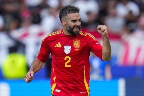 Spain's Dani Carvajal celebrates after scoring his side's third goal during a Group B match between Spain and Croatia at the Euro 2024 soccer tournament in Berlin, Germany, Saturday, June 15, 2024. (AP Photo/Manu Fernandez)