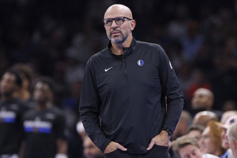 Dallas Mavericks coach Jason Kidd looks up during the second half of an Emirates NBA Cup basketball game against the Oklahoma City Thunder, Tuesday, Dec. 10, 2024, in Oklahoma City. (AP Photo/Nate Billings)