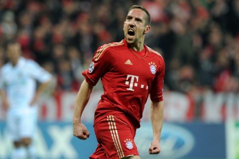 TOPSHOTS
Bayern Munich's French midfielder Franck Ribery celebrates scoring during the UEFA Champions League second leg quarter-final football match FC Bayern Munich vs Olympique de Marseille in Munich, southern Germany, on April 3, 2012. AFP PHOTO / CHRISTOF STACHE (Photo credit should read CHRISTOF STACHE/AFP/Getty Images)