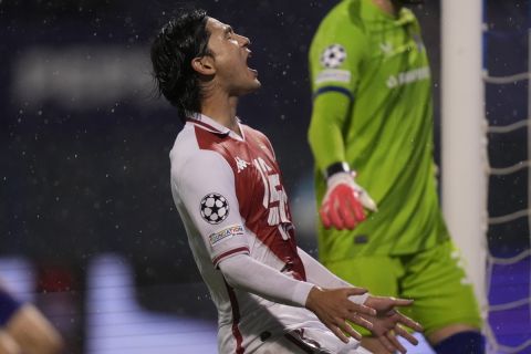 Monaco's Takumi Minamino reacts during the Champions League soccer match between Dinamo Zagreb and Monaco at Maksimir stadium in Zagreb, Croatia, Wednesday, Oct. 2, 2024. (AP Photo/Darko Bandic)