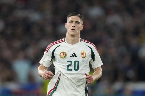 Hungary's Roland Sallai in action during a Group A match between Scotland and Hungary at the Euro 2024 soccer tournament in Stuttgart, Germany, Sunday, June 23, 2024. (AP Photo/Antonio Calanni)