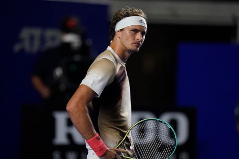 Alexander Zverev of Germany reacts during a match against to Jenson Brooksby of the U.S. at the Mexican Open tennis tournament in Acapulco, Mexico, Tuesday, Feb. 22, 2022. (AP Photo/Eduardo Verdugo)