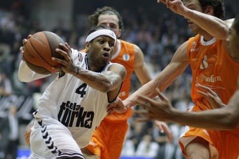 Former NBA player Allen Iverson of Besiktas Cola Turka tries to pass Hemofarm Stada defense during their Eurocup group B basketball match in Istanbul, Turkey, Tuesday, Nov. 16, 2010. (AP Photo/Ibrahim Usta)